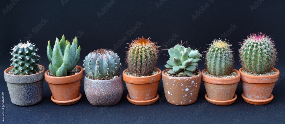 Poster assorted cacti in terracotta pots arranged on a dark background showcasing a variety of shapes and c