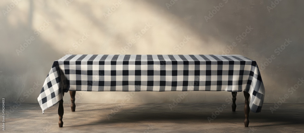Poster checkered tablecloth on minimalist empty table designed for product display and montage presentation