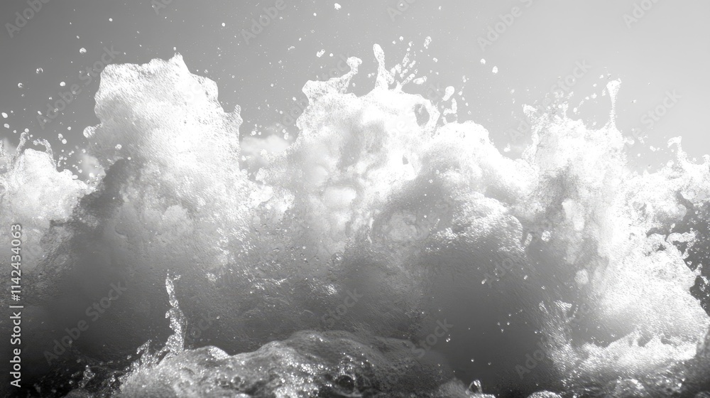Poster monochrome waves crashing onto the shore creating a dramatic and dynamic coastal scene capturing the