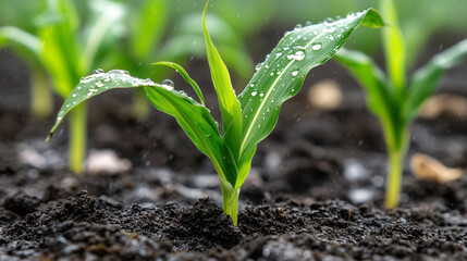 Green corn seedlings sprouting in moist soil under gentle rain in a bright agricultural field