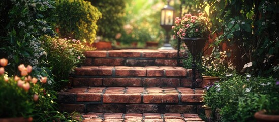 Charming brick steps guiding to a serene garden path surrounded by lush greenery and blooming flowers inviting tranquility outdoors