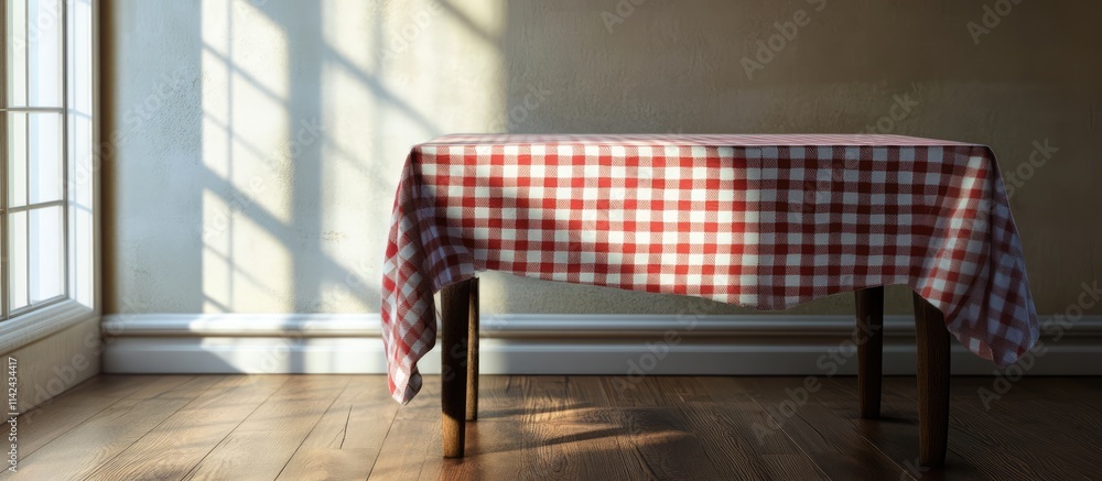 Poster checkered tablecloth on an empty table creating a warm ambiance perfect for montages and creative di