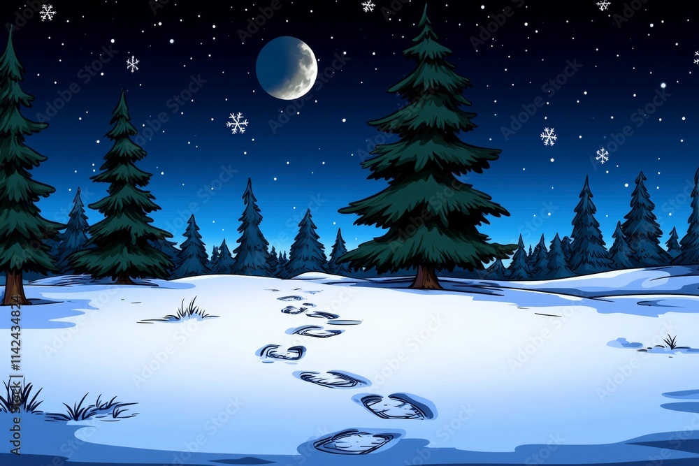 Poster A pixel art scene of footprints forming a trail through a snowy landscape, with animated snowflakes falling softly in a retro game style