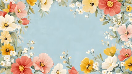 Pastel Floral Border Frame Design With Light Blue Background