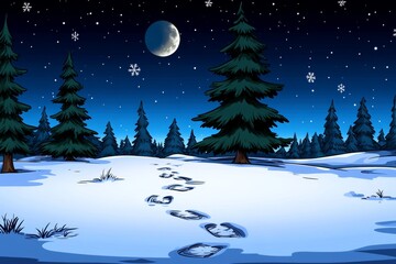 Naklejka premium A pixel art scene of footprints forming a trail through a snowy landscape, with animated snowflakes falling softly in a retro game style