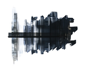 Modern skyscraper silhouette with dramatic shadow on white background.