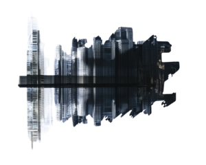 Modern skyscraper silhouette with dramatic shadow on white background.