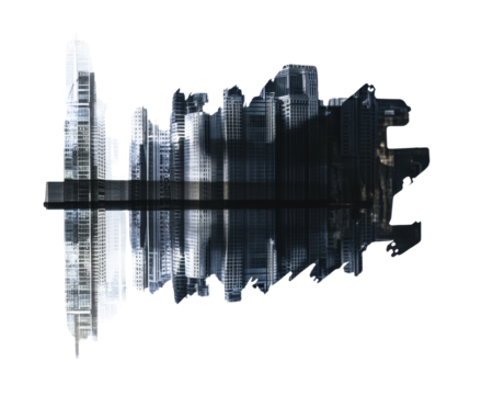 Modern skyscraper silhouette with dramatic shadow on white background.