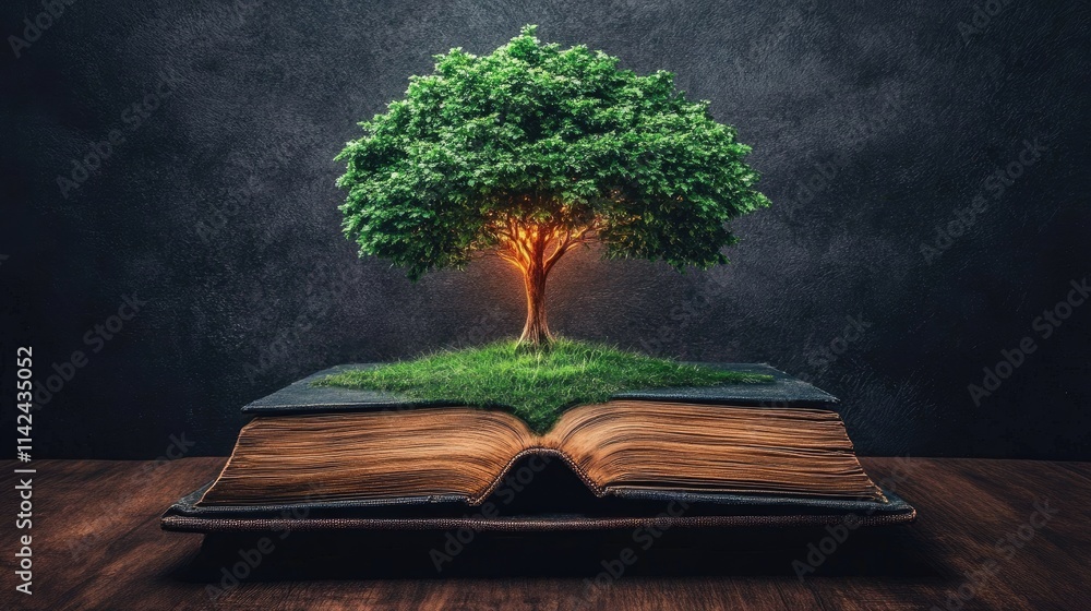 Poster tree growing from an open book symbolizing knowledge and nature