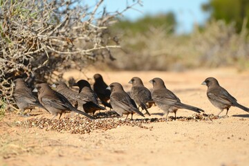 Obraz premium Darwin's Finches Feeding: A group of Darwin's finches pecking at seeds