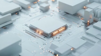CPU connection with motherboard. AI accelerated microchip connecting with white PCB. Chip activates circuit board. Semiconductor metle surface. Technology and cpu processing concept, 3D Render.
