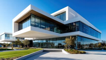 A large white building with a lot of glass windows