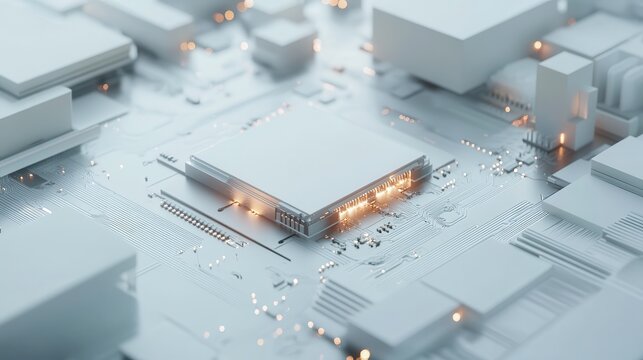 CPU connection with motherboard. AI accelerated microchip connecting with white PCB. Chip activates circuit board. Semiconductor metle surface. Technology and cpu processing concept, 3D Render.