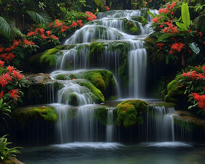 Obraz premium Lush Waterfall Cascading Through Mossy Rocks and Red Flowers in Tropical Garden, Perfect for Relaxation and Travel Brochures.