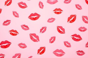 Pattern of red lipstick kisses on pink background