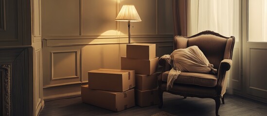 Cozy living room with stacked cardboard boxes stylish lamp and elegantly wrapped armchair ready for moving day preparations