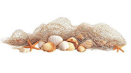 Seashells in a net, transparent background