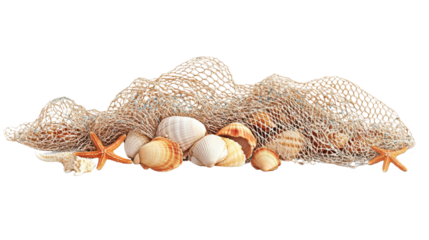 Seashells in a net, transparent background
