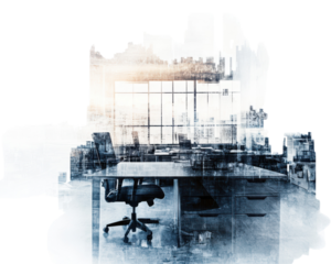 Modern office interior with furniture against a city skyline backdrop, white isolate background.