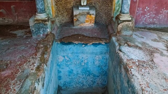 Small temple (aedicula) in the House of D. Octavius Quartio (Casa di Ottavio Quartione), Pompeii, Naples, Campania, Italy, buried by Vesuvius in 79 AD