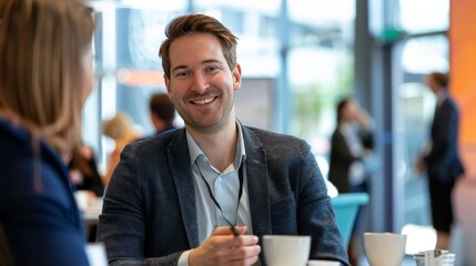 Happy male entrepreneur discussing with delegates while having coffee at convention center 