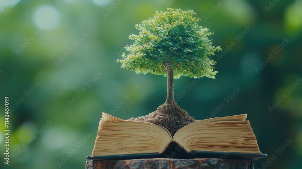 Poster tree growing from open book symbolizing knowledge and nature