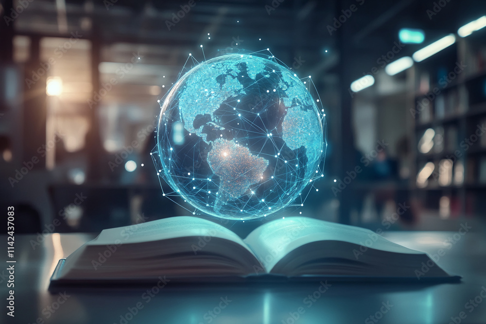 Poster global network visualization over an open book in a modern library setting