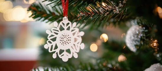 Christmas card on a green tree with white snowflakes and bokeh lights creating a festive atmosphere with ample space for your message.