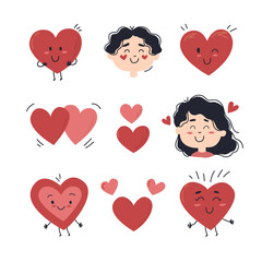Adorable heart characters. A set of cute heart silhouettes. Clip art symbolizing love.