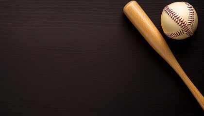 A close-up view of a baseball bat and baseball on a dark wooden surface.