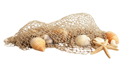 Seashells in a net, transparent background