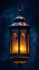 Obraz premium Traditional lantern shining warmly against a backdrop of sparkling stars, representing hope and joy during the sacred month of ramadan