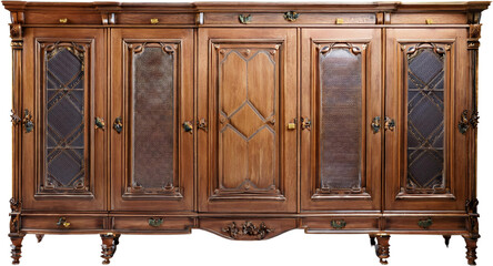 Fototapeta premium Antique Wooden Cabinet Intricate Carving Glass Doors Vintage Furniture Home Decor