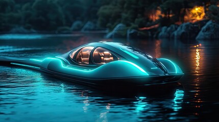 Futuristic Electric Boat on Calm Lake at Night