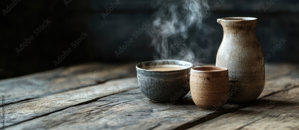 Poster ceramic bottles and cups with steaming coffee on a rustic wooden table creating a warm inviting atmo