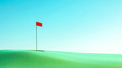 Red flag waving on golf green under blue sky, reaching goal achievement concept