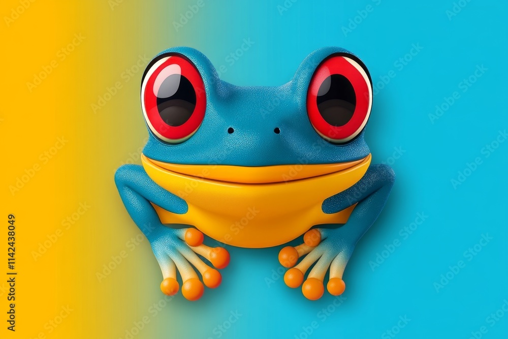 Poster a simple depiction of a frog face, focusing on its large, round eyes and a playful expression, using