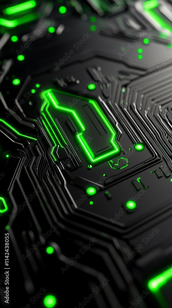 Poster close-up view of a circuit board with glowing green lines, creating a futuristic and technological a