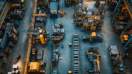 Aerial View of a Busy Industrial Factory: A Symphony of Steel and Machinery