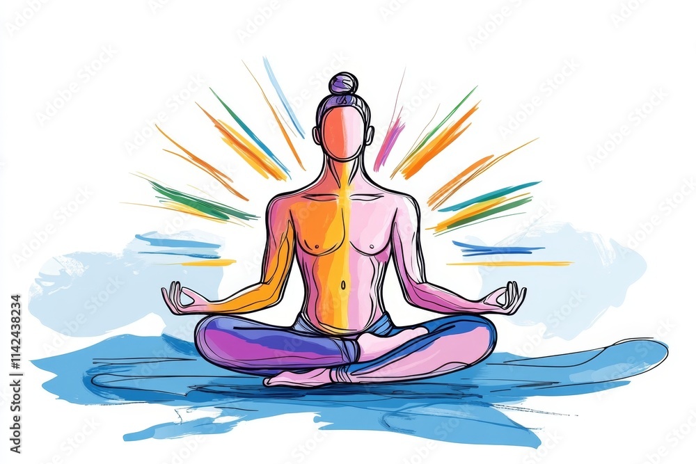 Poster a simple graphic of a person meditating with colorful focus rays radiating outward, drawn with clean