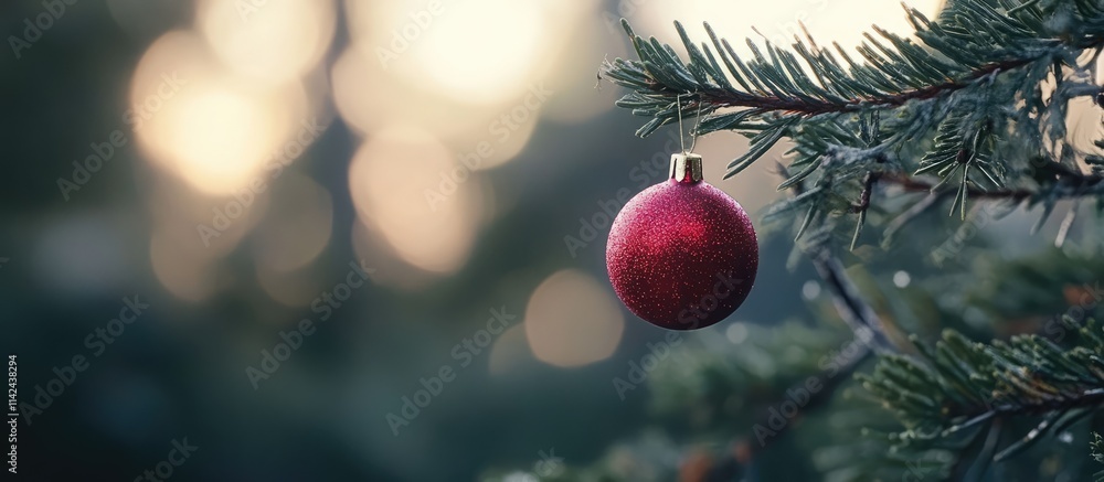 Aufkleber christmas red bauble hanging on a fir tree branch with a soft blurred background creating a festive 