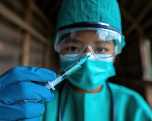 A healthcare professional holds a syringe, ready for a vaccination procedure.