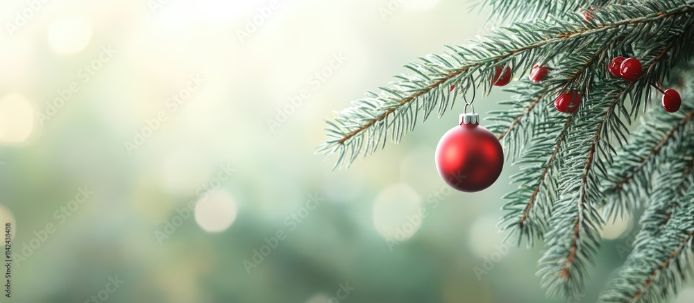 Poster red christmas bauble hanging on fir tree branches with a soft blurred background creating a festive 