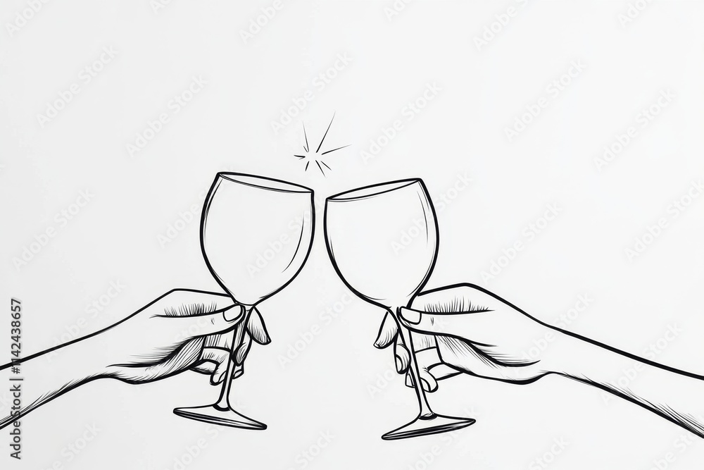 Poster a simple line art drawing of two hands clinking glasses in a toast, with a small spark above to symb