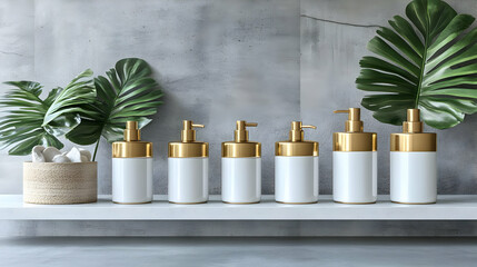 3D Render Gold & White Bottles Bathroom Shelf Still Life