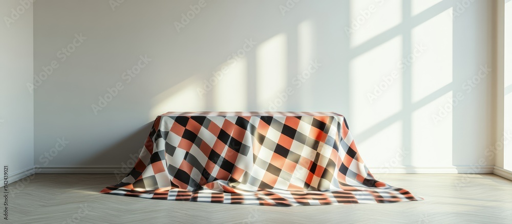 Poster minimalist setting with a checkered tablecloth over an empty table ideal for product showcases or mo