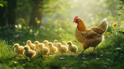 Fototapeta premium A Hen and Her Chicks in a Sunlit Meadow