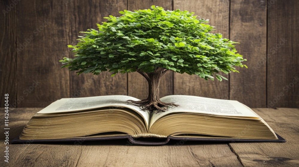 Poster tree growing from open book on rustic wooden table