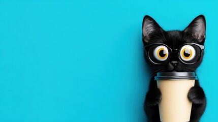 Black cat wearing glasses, holding a coffee cup on a blue background