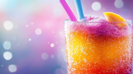 Refreshing colorful beverage with fruity garnish.